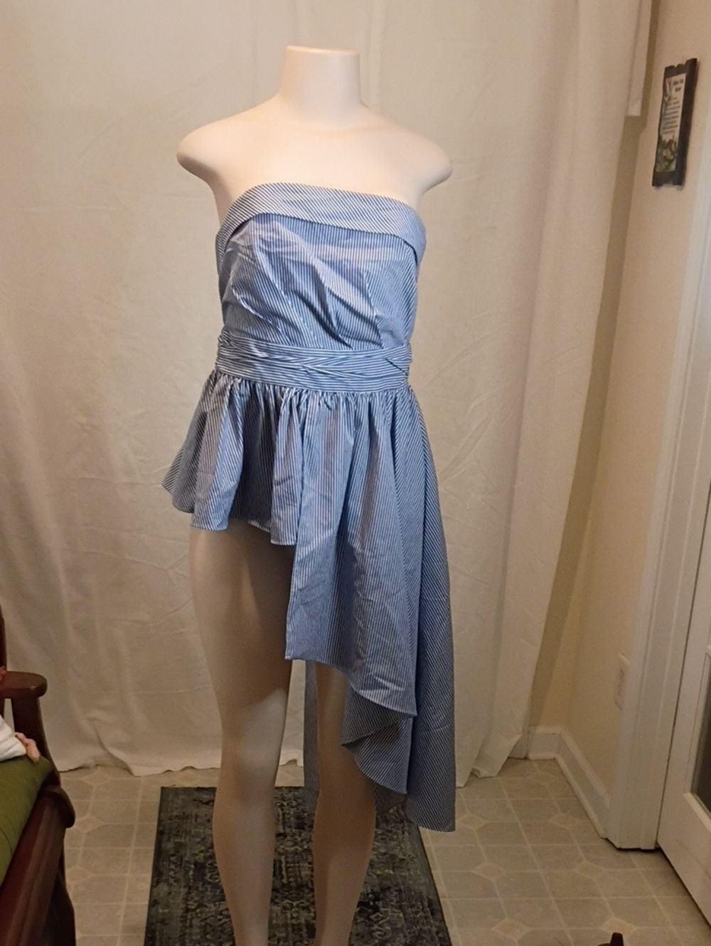 New York & Company Light Blue Striped One-Shoulder Asymmetrical Dress Size M